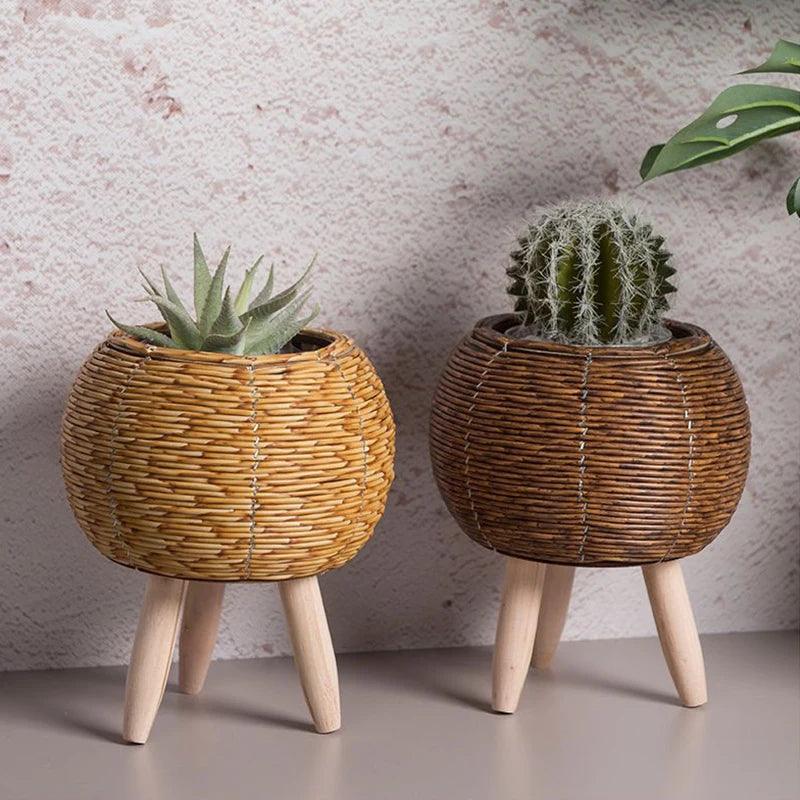 Cesta De Flores De Tecido Nórdico Com Pernas Removíveis, Pote De Imitação De Rattan, Suporte de planta - Canto do Jardim
